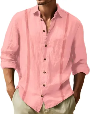 Linen Guayabera Shirts Mens Casual Long Sleeve Fashion Button Down T-Shirts Lapel Solid Hawaiian Spring Summer Shirt