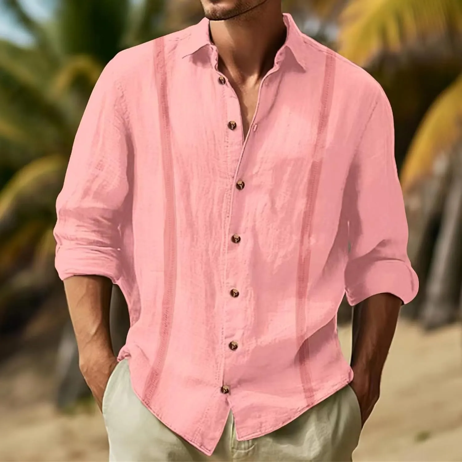 Linen Guayabera Shirts Mens Casual Long Sleeve Fashion Button Down T-Shirts Lapel Solid Hawaiian Spring Summer Shirt