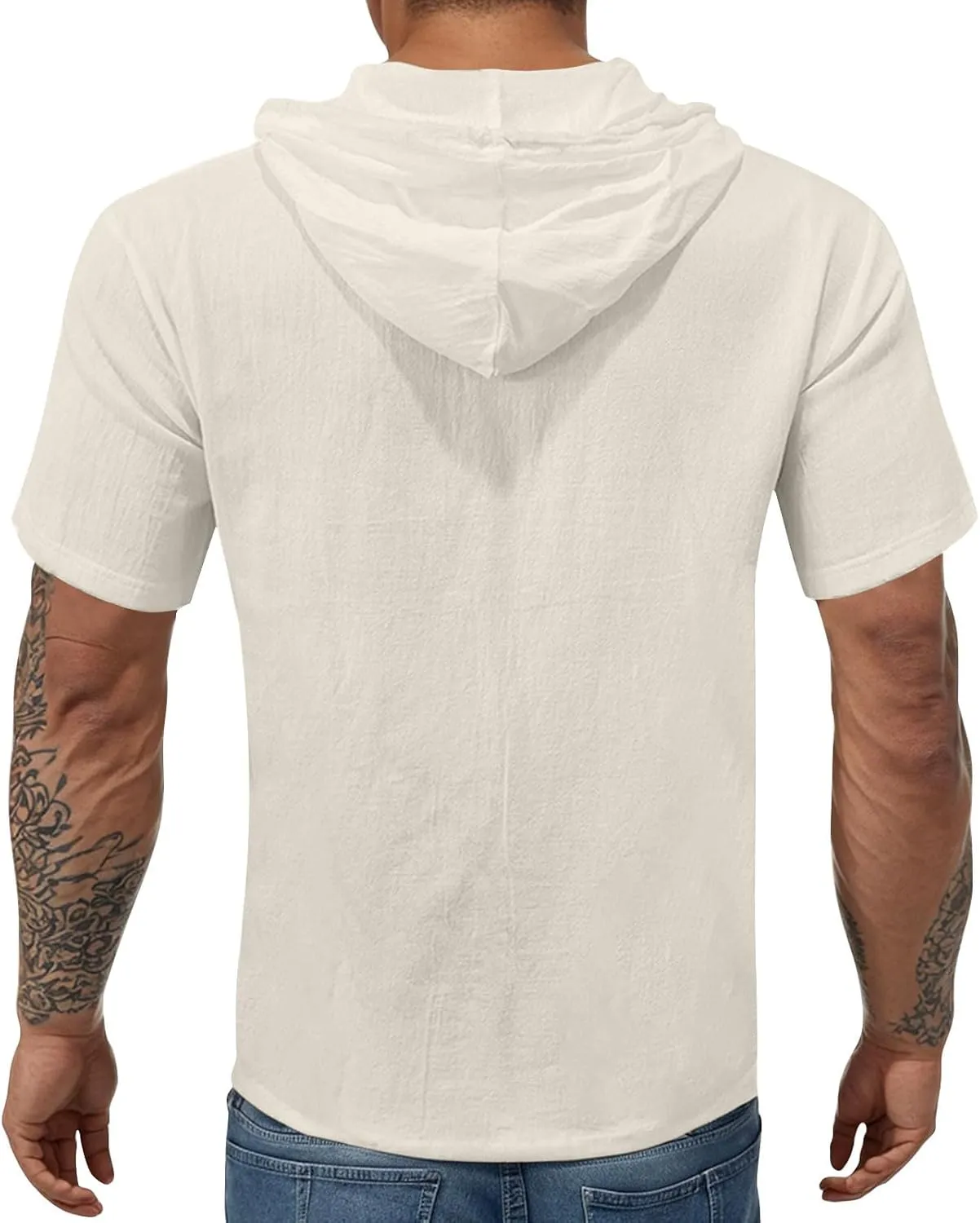 Linen Hoodie Men Summer Short Sleeve V Neck T Shirts with Hood Breathable Lightweight Drawstring Hooded Shirts