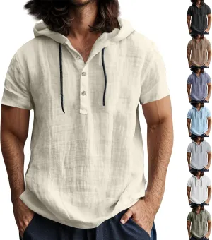 Linen Hoodie Men Summer Short Sleeve V Neck T Shirts with Hood Breathable Lightweight Drawstring Hooded Shirts