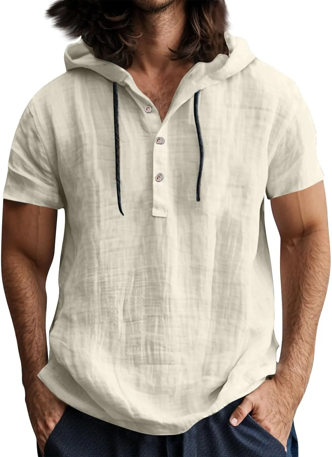 Linen Hoodie Men Summer Short Sleeve V Neck T Shirts with Hood Breathable Lightweight Drawstring Hooded Shirts