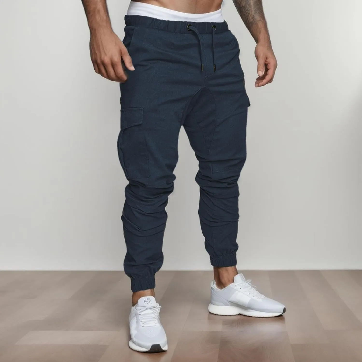 Linen Pants for Men Solid Color Multi-Pocket Drawstring Plus Size Casual Sweatpants High Waisted Trousers