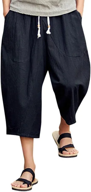 Linen Pants Men Big and Tall Capri Pants Casual Elastic Waist Summer Beach Pants Lightweight Vacation Trousers