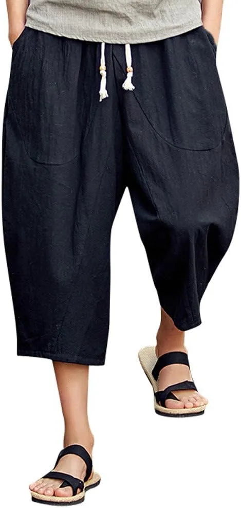 Linen Pants Men Big and Tall Capri Pants Casual Elastic Waist Summer Beach Pants Lightweight Vacation Trousers
