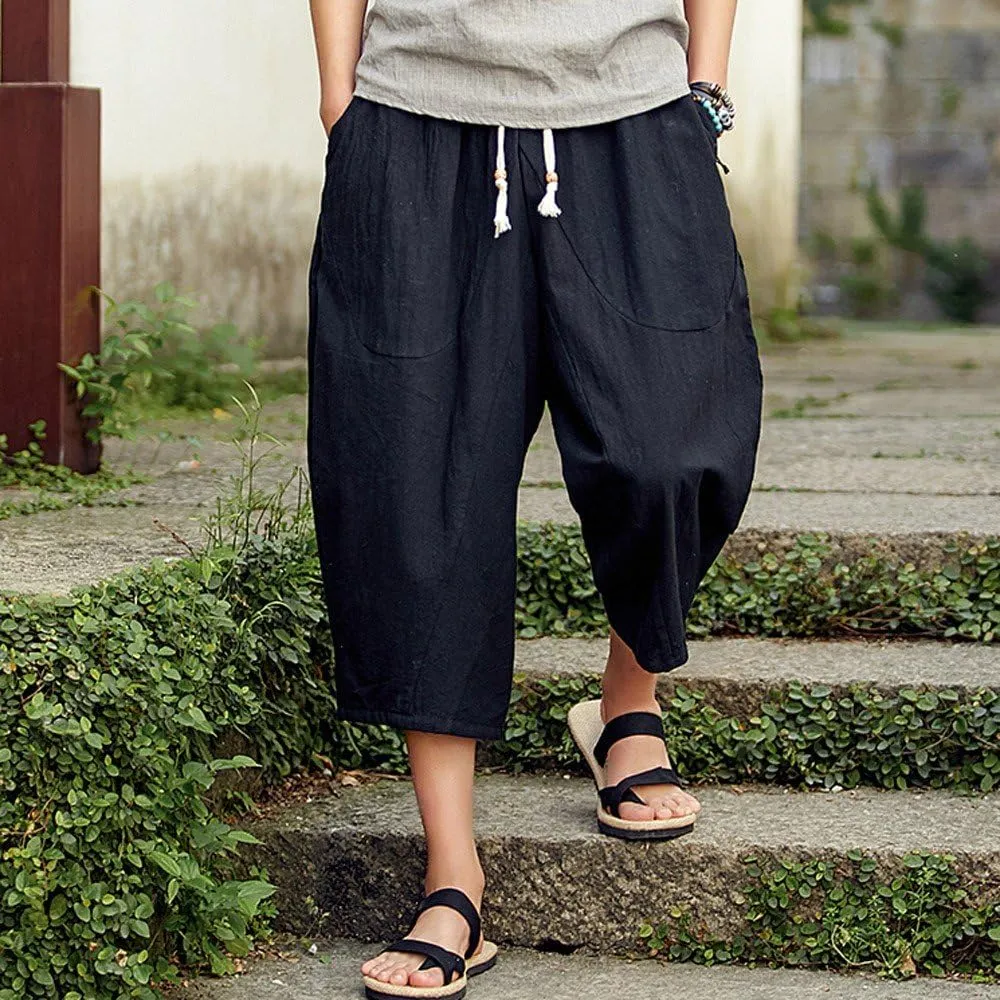 Linen Pants Men Big and Tall Capri Pants Casual Elastic Waist Summer Beach Pants Lightweight Vacation Trousers