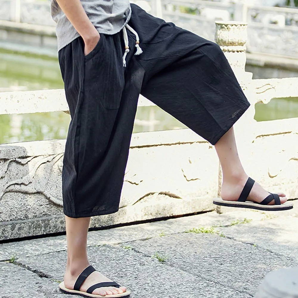 Linen Pants Men Big and Tall Capri Pants Casual Elastic Waist Summer Beach Pants Lightweight Vacation Trousers