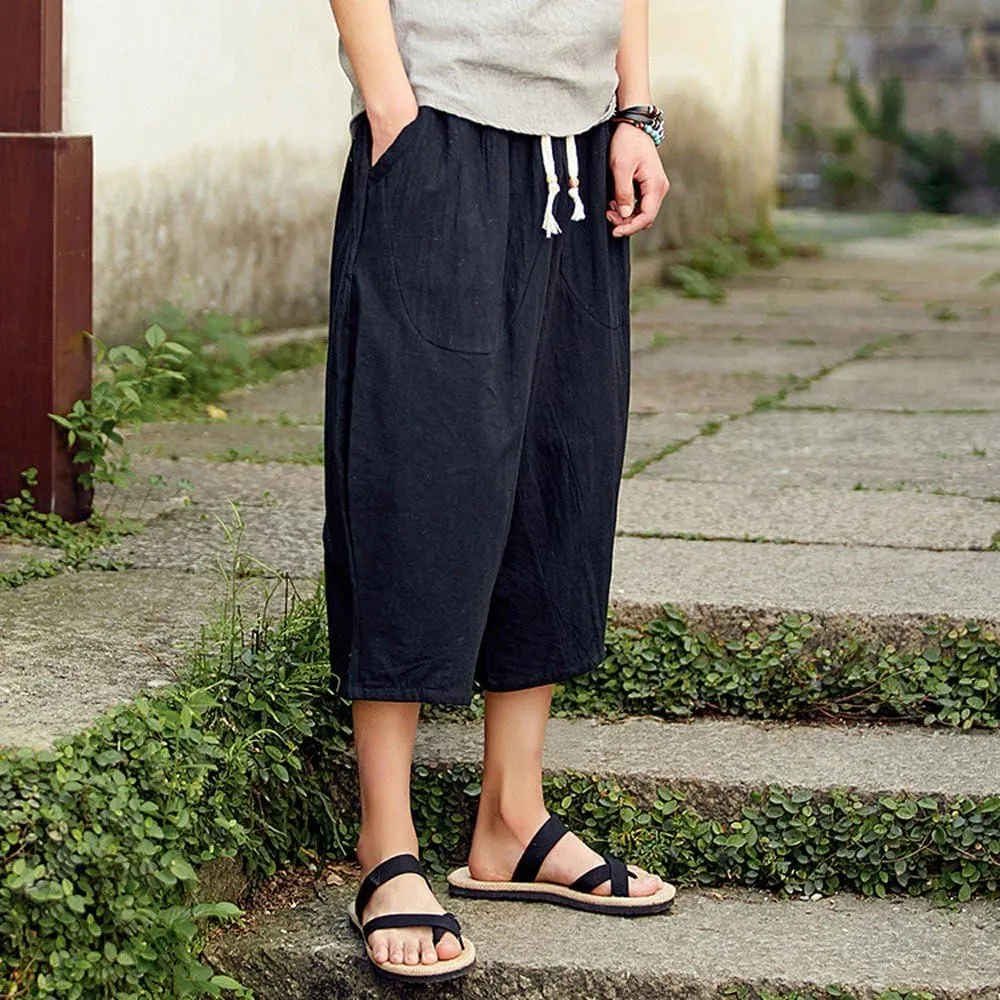 Linen Pants Men Big and Tall Capri Pants Casual Elastic Waist Summer Beach Pants Lightweight Vacation Trousers
