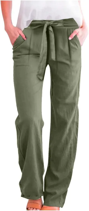 Linen Pants Women Drawstring Plus Size High Waisted Casual Pants Summer Beach Pants Soft Cotton Linen Pants with Pockets