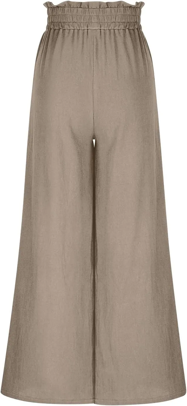 Linen Pants Women High Waisted Business Casual Dress Pants Summer Wide Leg Pants Tie Knot Palazzo Pants 2025