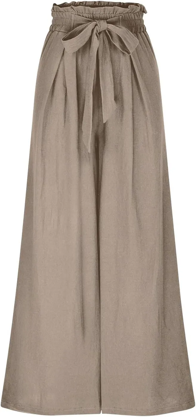 Linen Pants Women High Waisted Business Casual Dress Pants Summer Wide Leg Pants Tie Knot Palazzo Pants 2025