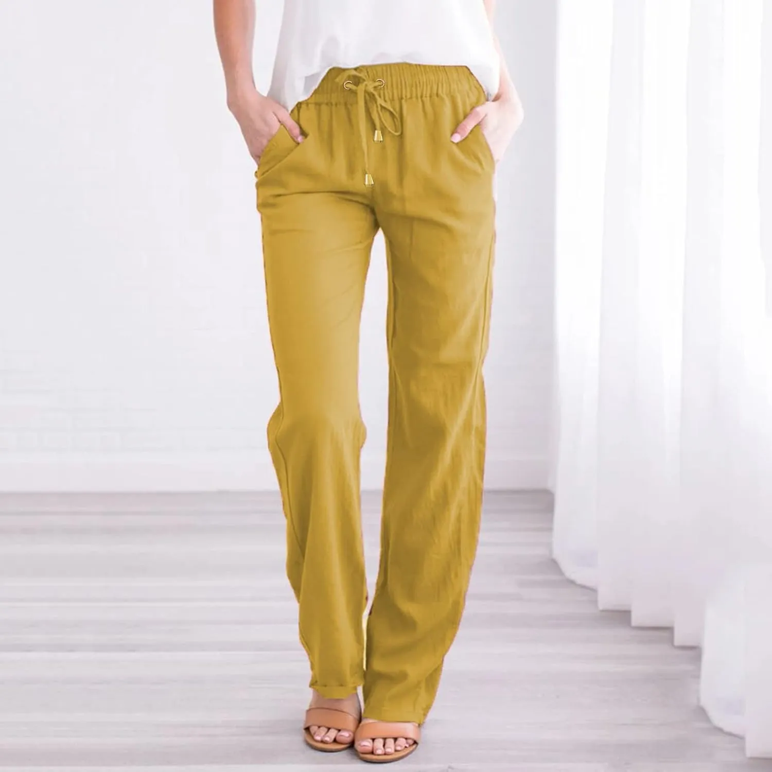 Linen Pants Women Long Linen Pants for Women White Linen Pants Women Wide Leg Pants Woman Elastic Drastring Trousers