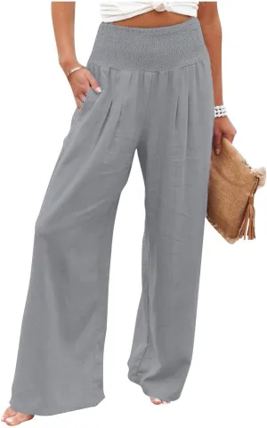 Linen Pants Women Palazzo Wide Leg Lounge Pants Elastic Waist Smocked Pants Summer Trousers with Pockets