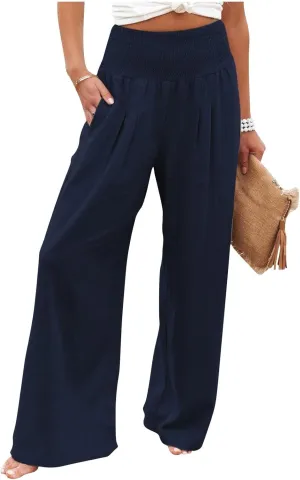 Linen Pants Women Palazzo Wide Leg Lounge Pants Elastic Waist Smocked Pants Summer Trousers with Pockets
