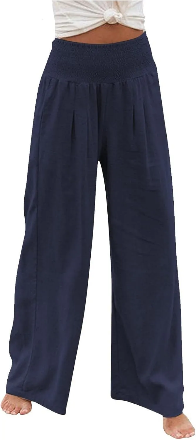 Linen Pants Women Palazzo Wide Leg Lounge Pants Elastic Waist Smocked Pants Summer Trousers with Pockets