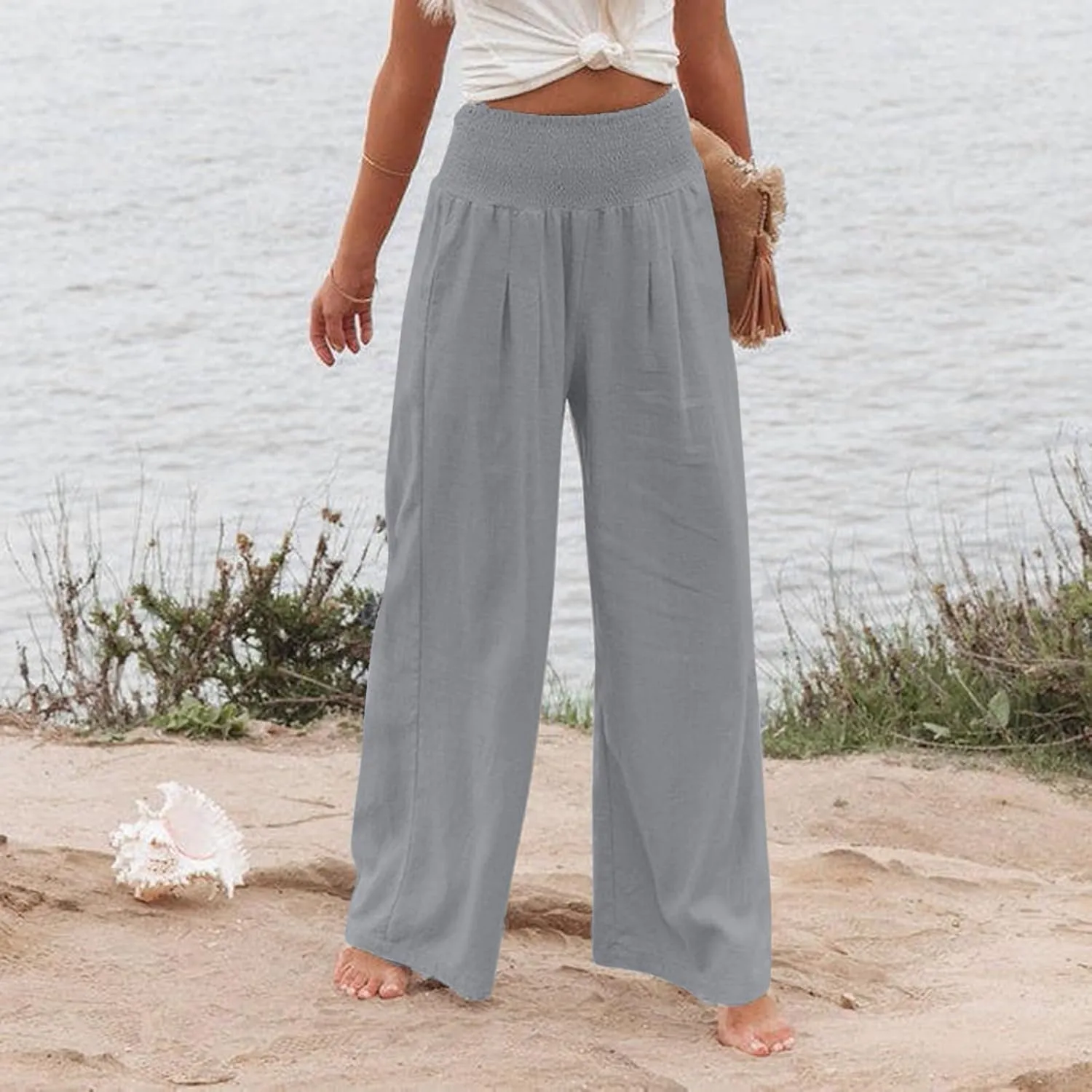 Linen Pants Women Palazzo Wide Leg Lounge Pants Elastic Waist Smocked Pants Summer Trousers with Pockets