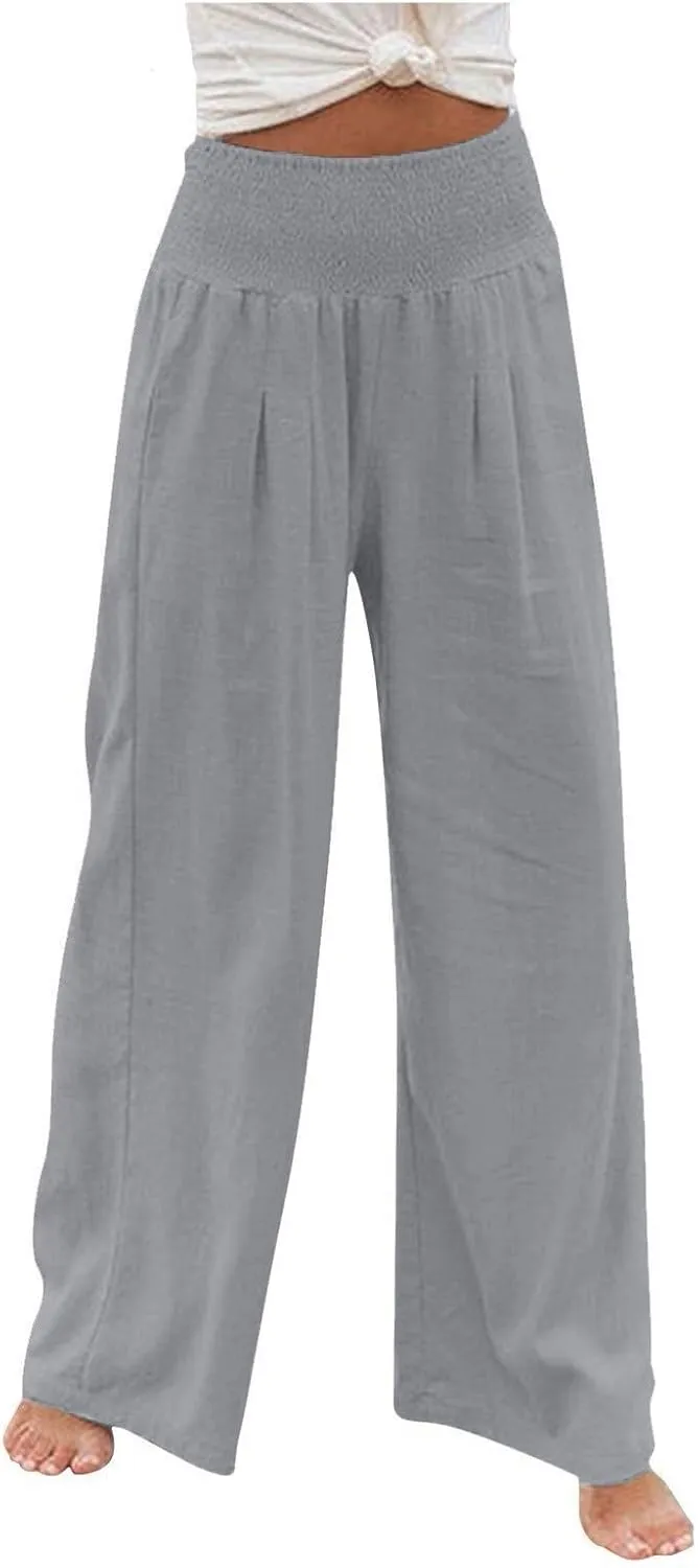 Linen Pants Women Palazzo Wide Leg Lounge Pants Elastic Waist Smocked Pants Summer Trousers with Pockets