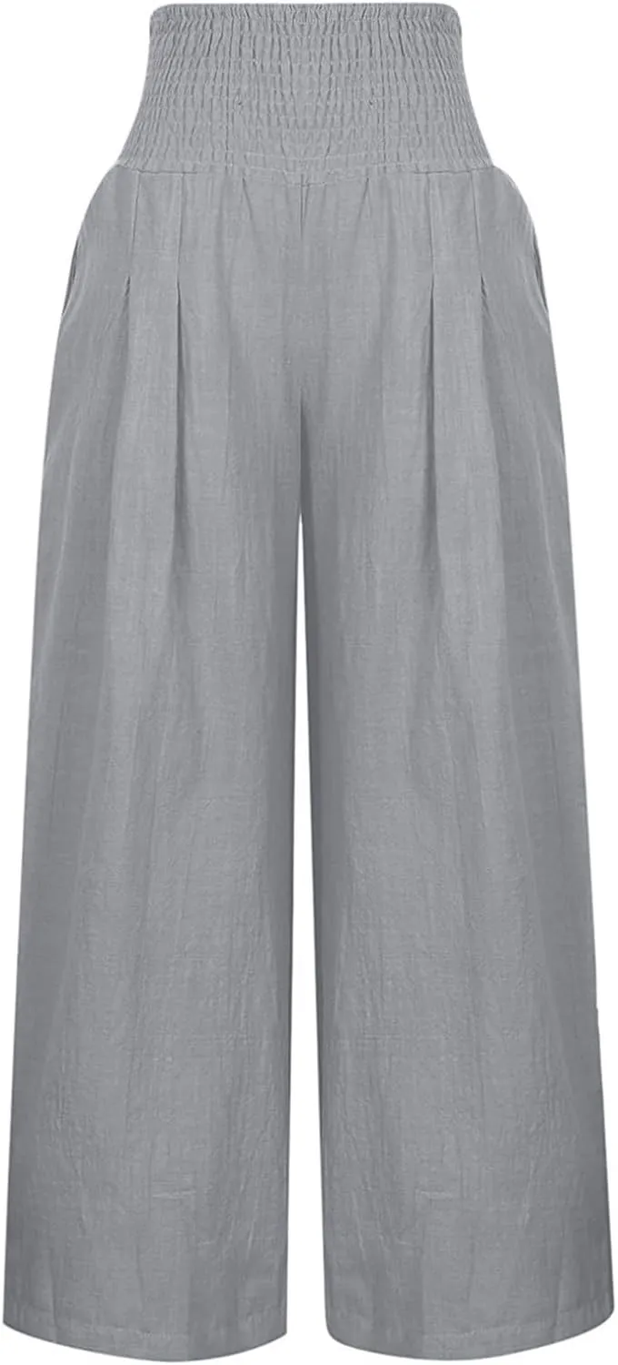Linen Pants Women Palazzo Wide Leg Lounge Pants Elastic Waist Smocked Pants Summer Trousers with Pockets