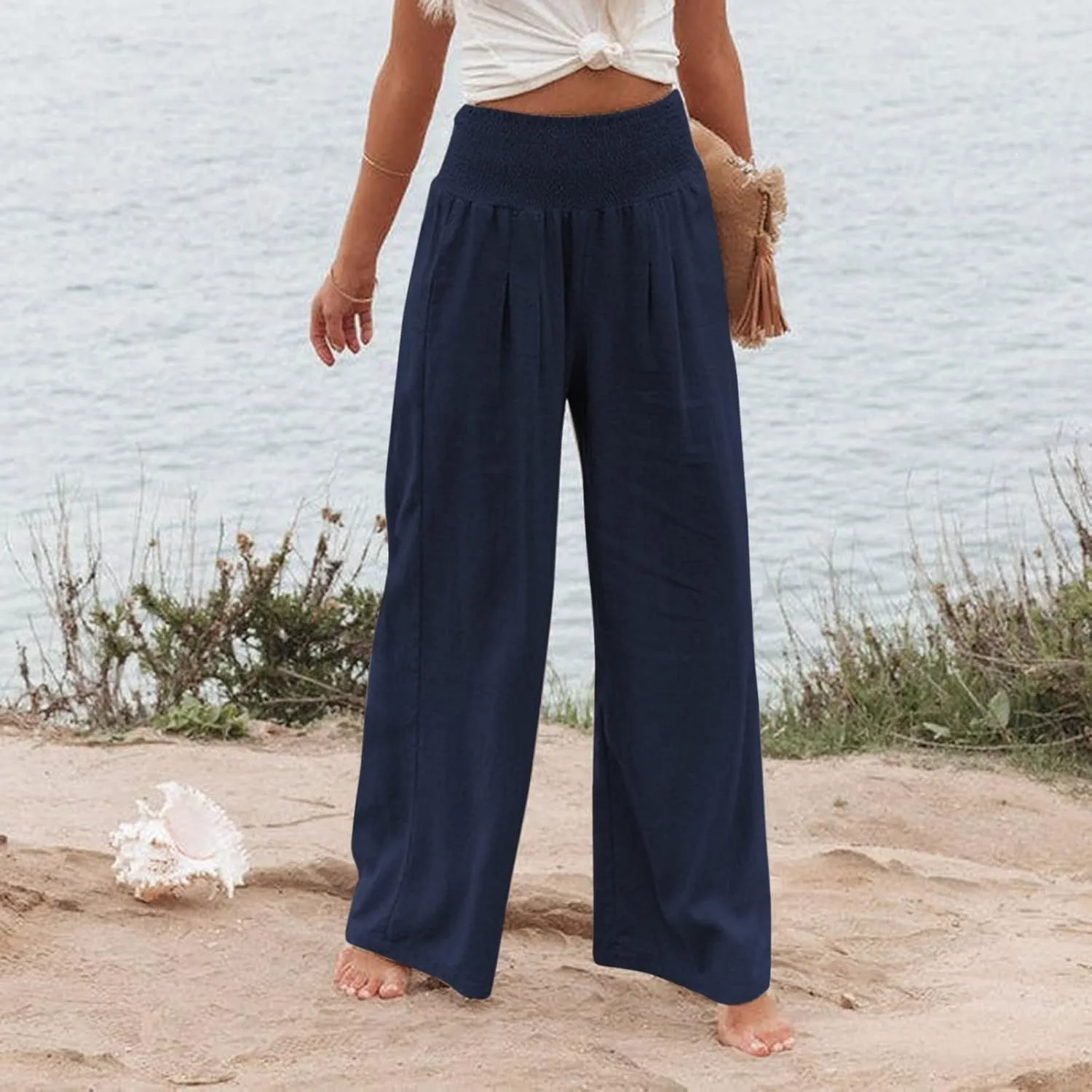 Linen Pants Women Palazzo Wide Leg Lounge Pants Elastic Waist Smocked Pants Summer Trousers with Pockets