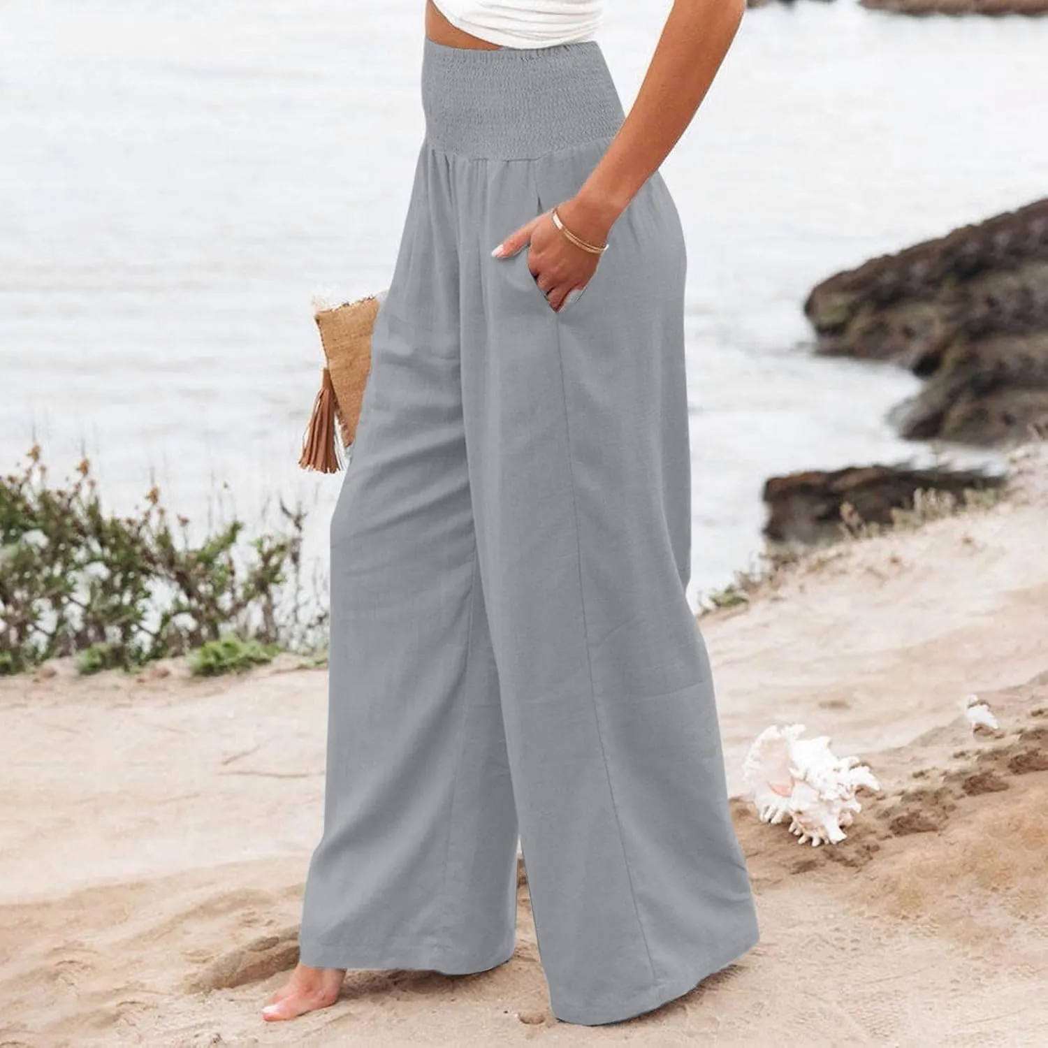 Linen Pants Women Palazzo Wide Leg Lounge Pants Elastic Waist Smocked Pants Summer Trousers with Pockets