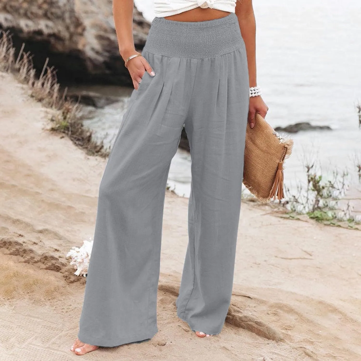Linen Pants Women Palazzo Wide Leg Lounge Pants Elastic Waist Smocked Pants Summer Trousers with Pockets