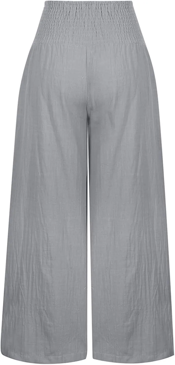 Linen Pants Women Palazzo Wide Leg Lounge Pants Elastic Waist Smocked Pants Summer Trousers with Pockets