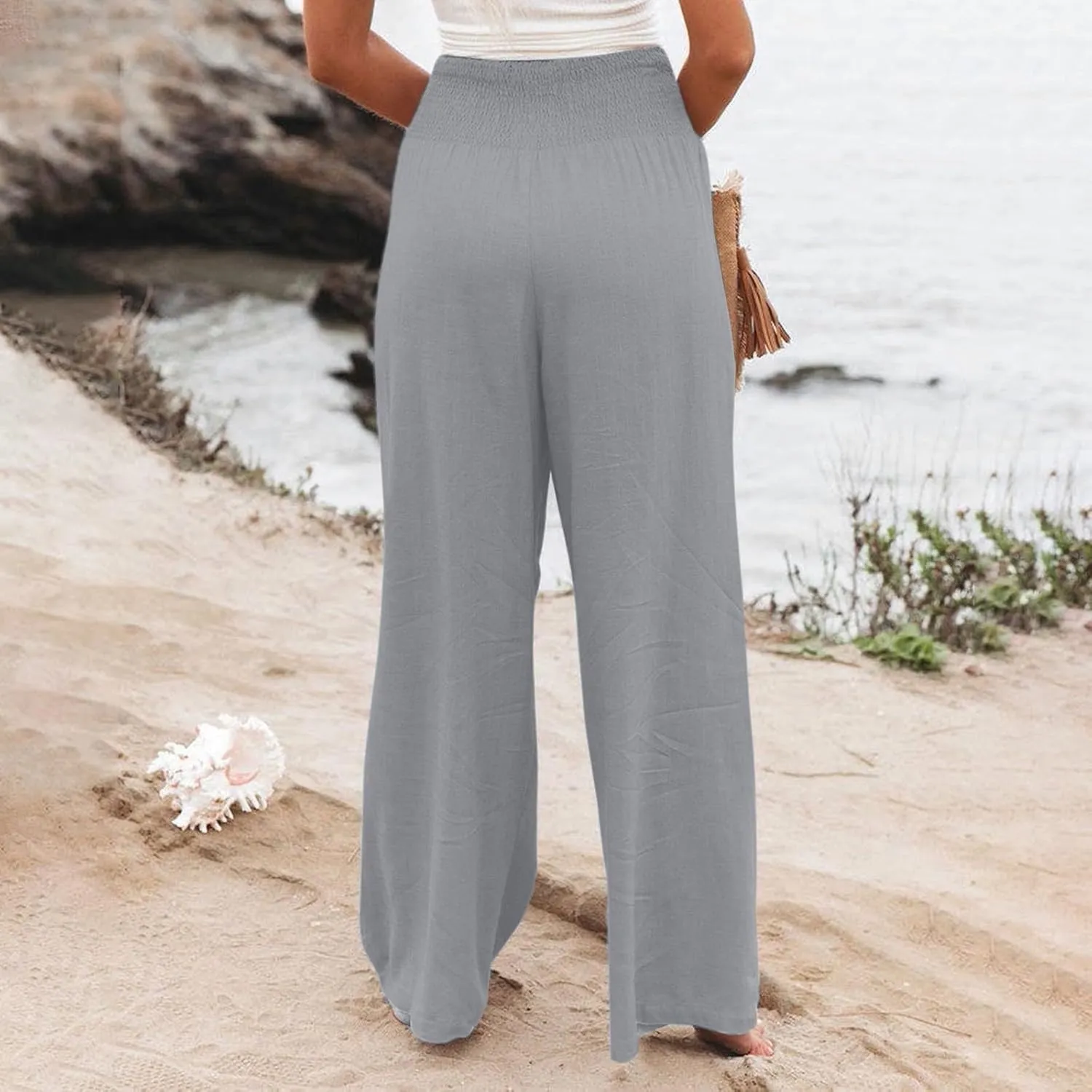 Linen Pants Women Palazzo Wide Leg Lounge Pants Elastic Waist Smocked Pants Summer Trousers with Pockets
