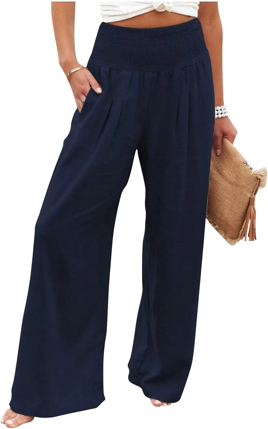 Linen Pants Women Palazzo Wide Leg Lounge Pants Elastic Waist Smocked Pants Summer Trousers with Pockets