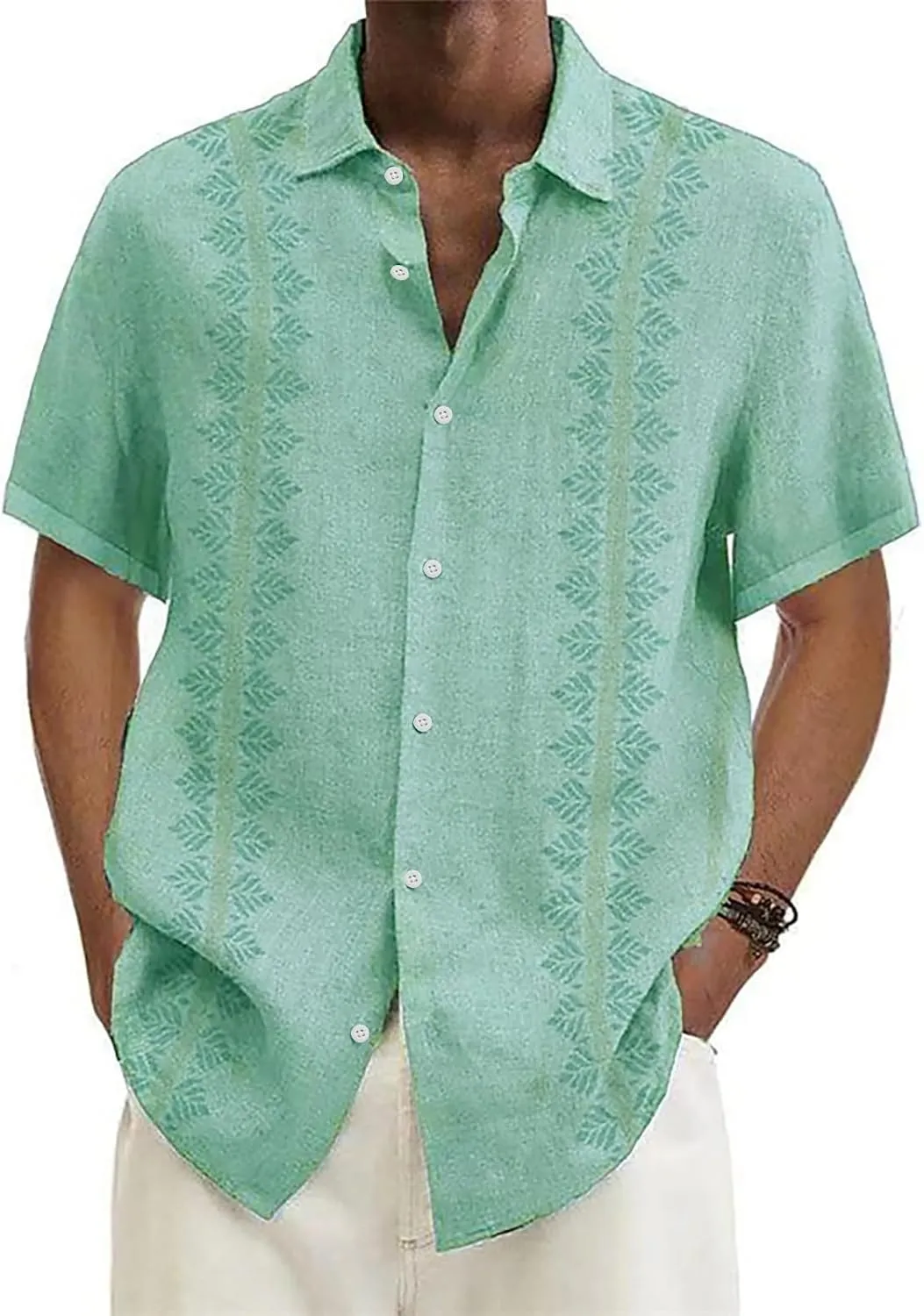 Linen Shirts for Men Cuban Shirts Guayabera Button Down Shirt Short Sleeve Summer Hawaiian Shirt