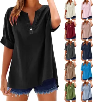 Linen Shirts for Women Button Down Short Sleeve Shirts Cotton Collared V Neck Solid Casual Blouses with Pocket