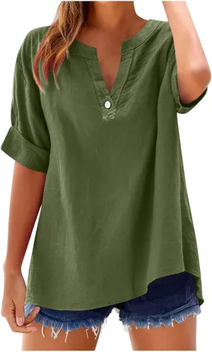 Linen Shirts for Women Button Down Short Sleeve Shirts Cotton Collared V Neck Solid Casual Blouses with Pocket