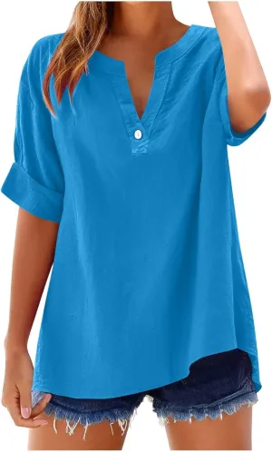 Linen Shirts for Women Button Down Short Sleeve Shirts Cotton Collared V Neck Solid Casual Blouses with Pocket