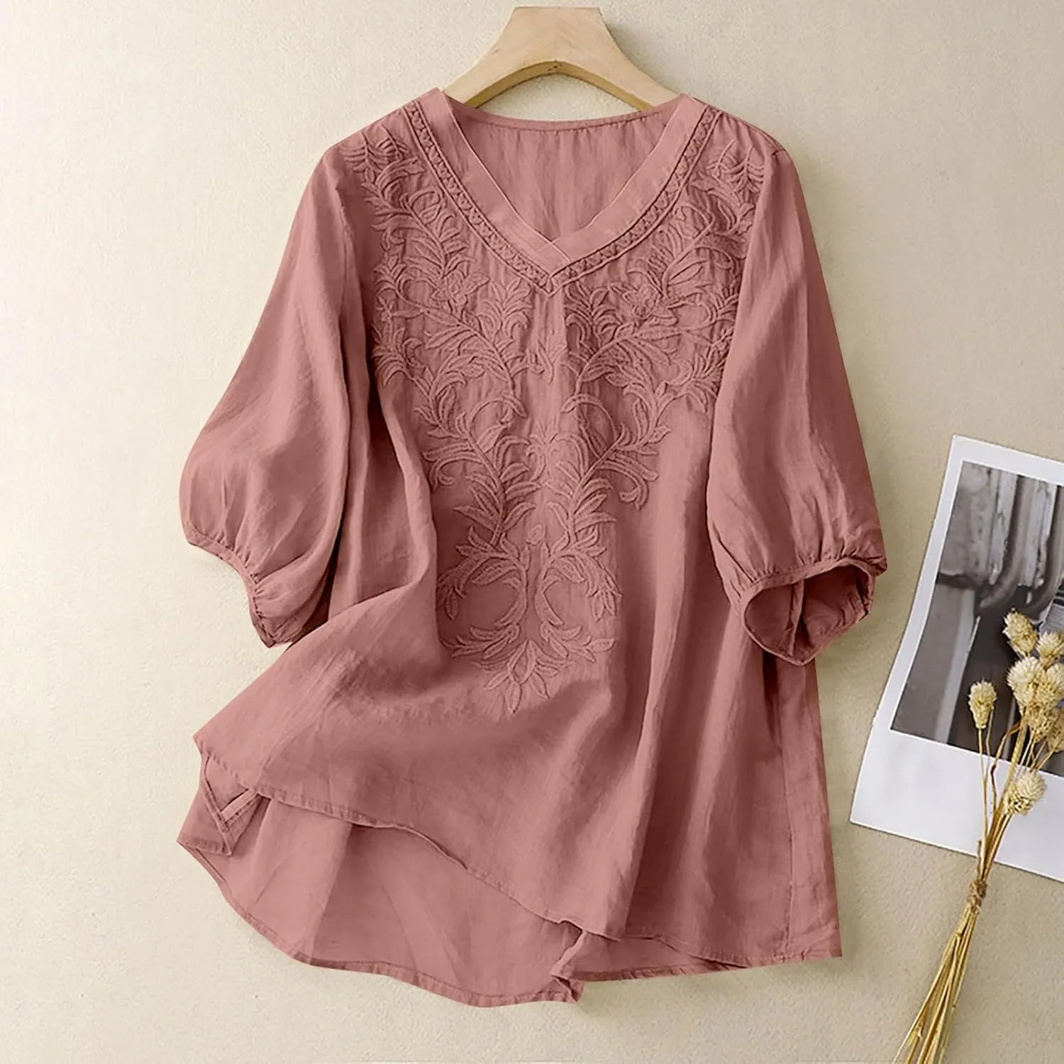 Linen Shirts for Women Crew Neck Embroidery Blouses Bohemian Boho Soft Tshirt Short Sleeve Loose Shirts