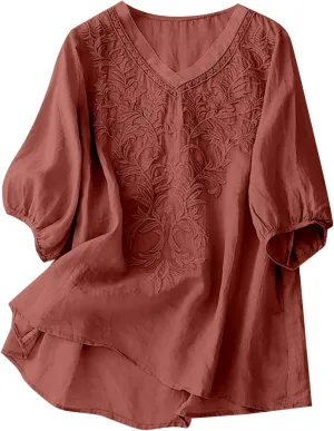Linen Shirts for Women Crew Neck Embroidery Blouses Bohemian Boho Soft Tshirt Short Sleeve Loose Shirts