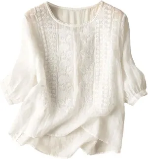 Linen Shirts for Women Crew Neck Embroidery Blouses Bohemian Boho Soft Tshirt Short Sleeve Loose Shirts