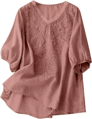 Linen Shirts for Women Crew Neck Embroidery Blouses Bohemian Boho Soft Tshirt Short Sleeve Loose Shirts
