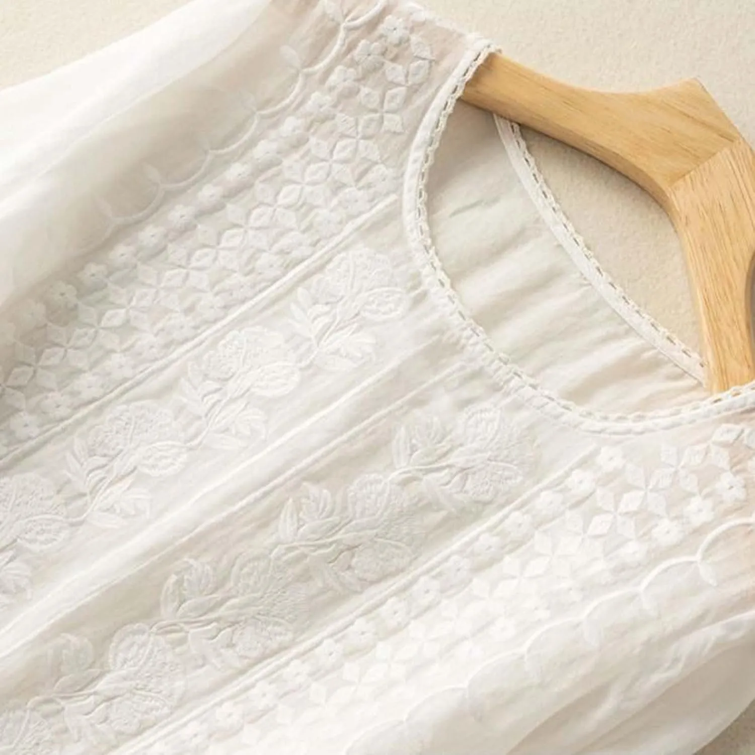 Linen Shirts for Women Crew Neck Embroidery Blouses Bohemian Boho Soft Tshirt Short Sleeve Loose Shirts