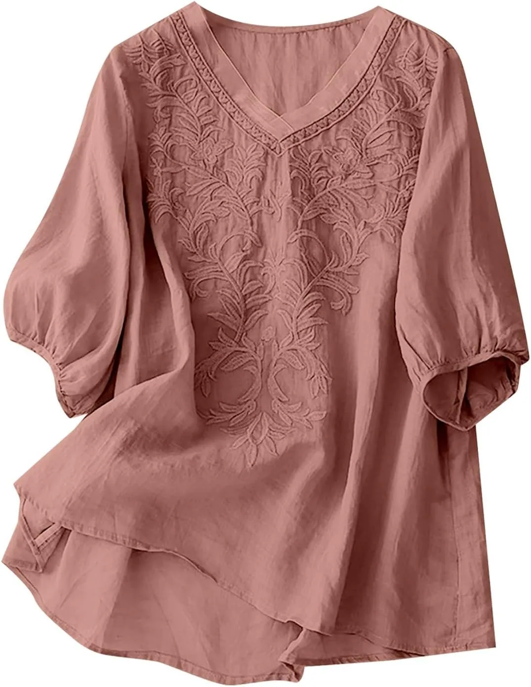 Linen Shirts for Women Crew Neck Embroidery Blouses Bohemian Boho Soft Tshirt Short Sleeve Loose Shirts