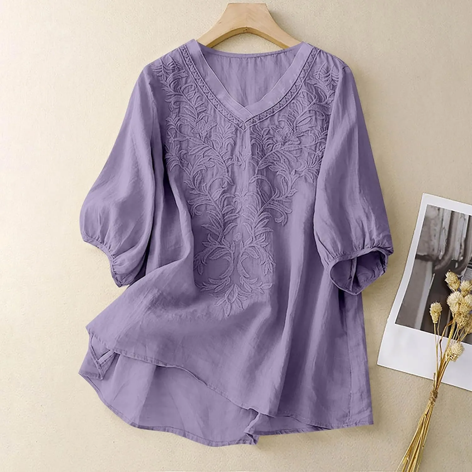 Linen Shirts for Women Crew Neck Embroidery Blouses Bohemian Boho Soft Tshirt Short Sleeve Loose Shirts