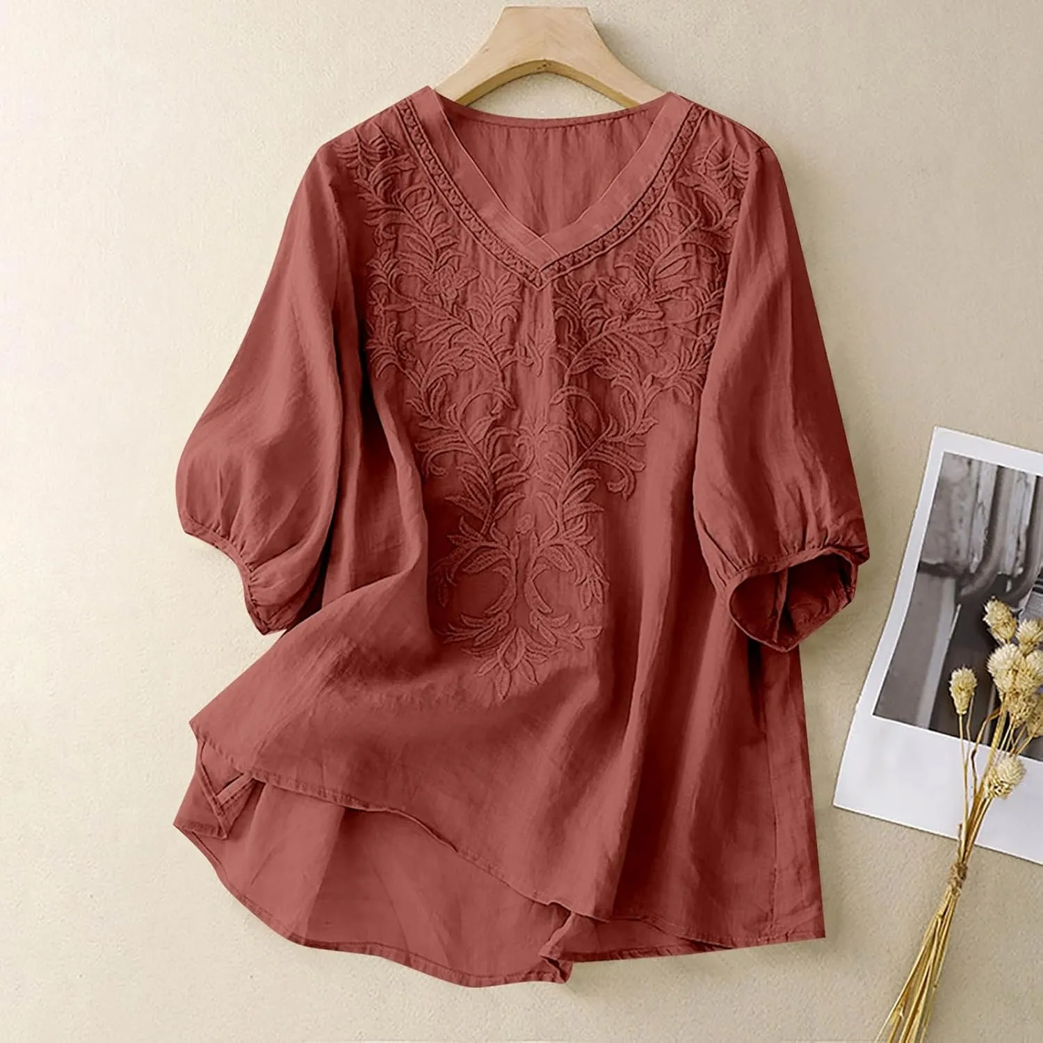 Linen Shirts for Women Crew Neck Embroidery Blouses Bohemian Boho Soft Tshirt Short Sleeve Loose Shirts