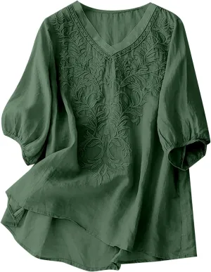 Linen Shirts for Women Crew Neck Embroidery Blouses Bohemian Boho Soft Tshirt Short Sleeve Loose Shirts