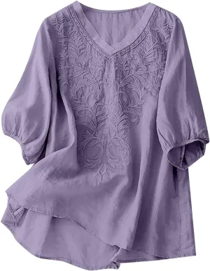 Linen Shirts for Women Crew Neck Embroidery Blouses Bohemian Boho Soft Tshirt Short Sleeve Loose Shirts