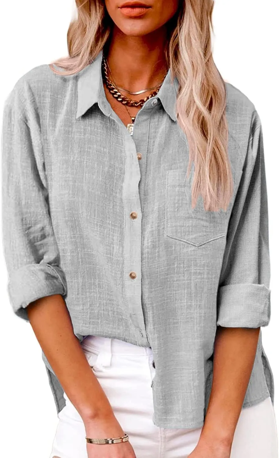 Linen Shirts for Women Long Sleeve Button Down T Shirts Dressy Casual Tops Solid Casual Work Blouses with Pocket