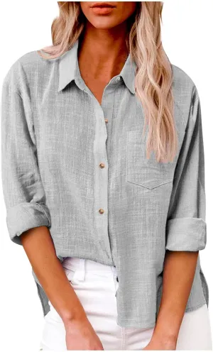 Linen Shirts for Women Long Sleeve Button Down T Shirts Dressy Casual Tops Solid Casual Work Blouses with Pocket