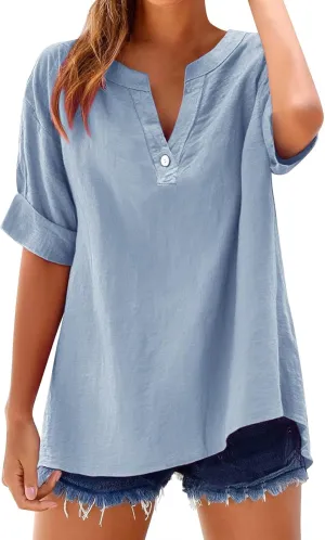 Linen Shirts for Women Plus Size Short Sleeve V Neck Shirts Solid Roll up Linen Tops Summer Cotton Blend Tee Shirts