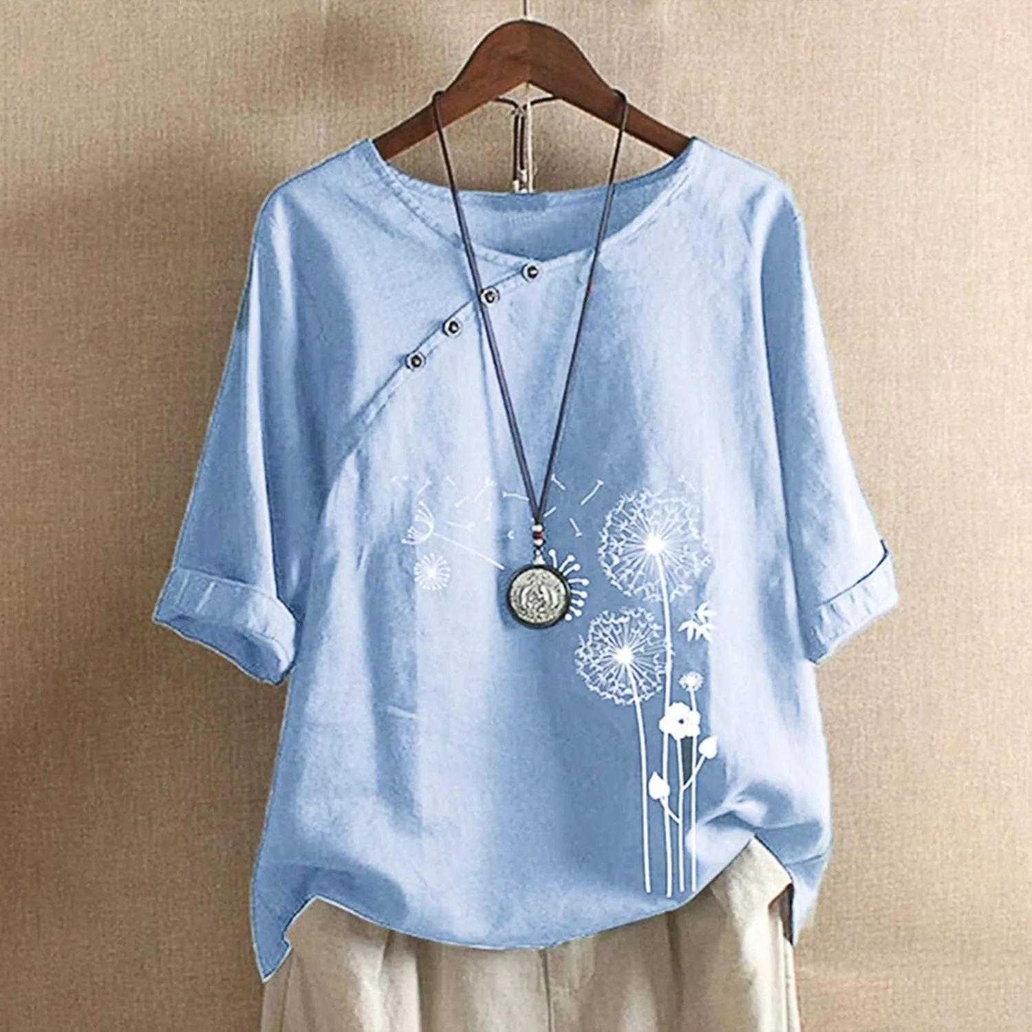 Linen Shirts for Women Print Natural Autumn Fragrant Fabric Shirt Blue Shirts for Women Oversized Button Down Shirts