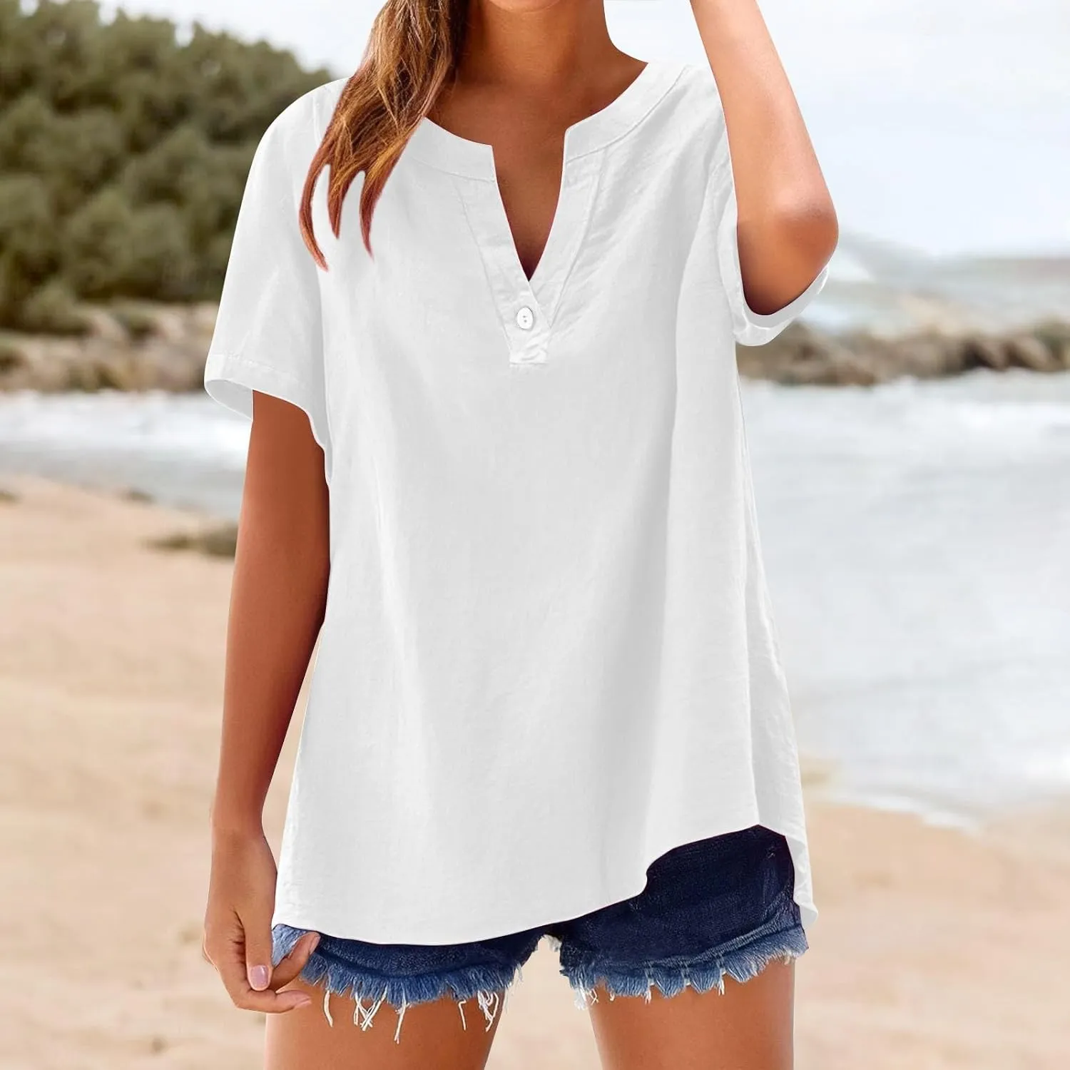 Linen Shirts for Women Short Sleeve Trendy Tops Casual V Neck Blousers Summer Vacation Shirts 2025 Trendy Tops Tees