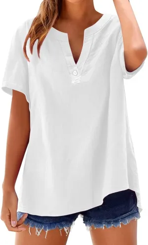 Linen Shirts for Women Short Sleeve Trendy Tops Casual V Neck Blousers Summer Vacation Shirts 2025 Trendy Tops Tees