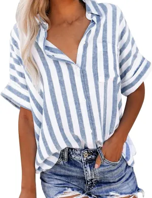 Linen Shirts for Women Striped Button Down Shirts Lightweight Guaze Blouses Short Sleeve Boho Summer Tshirt