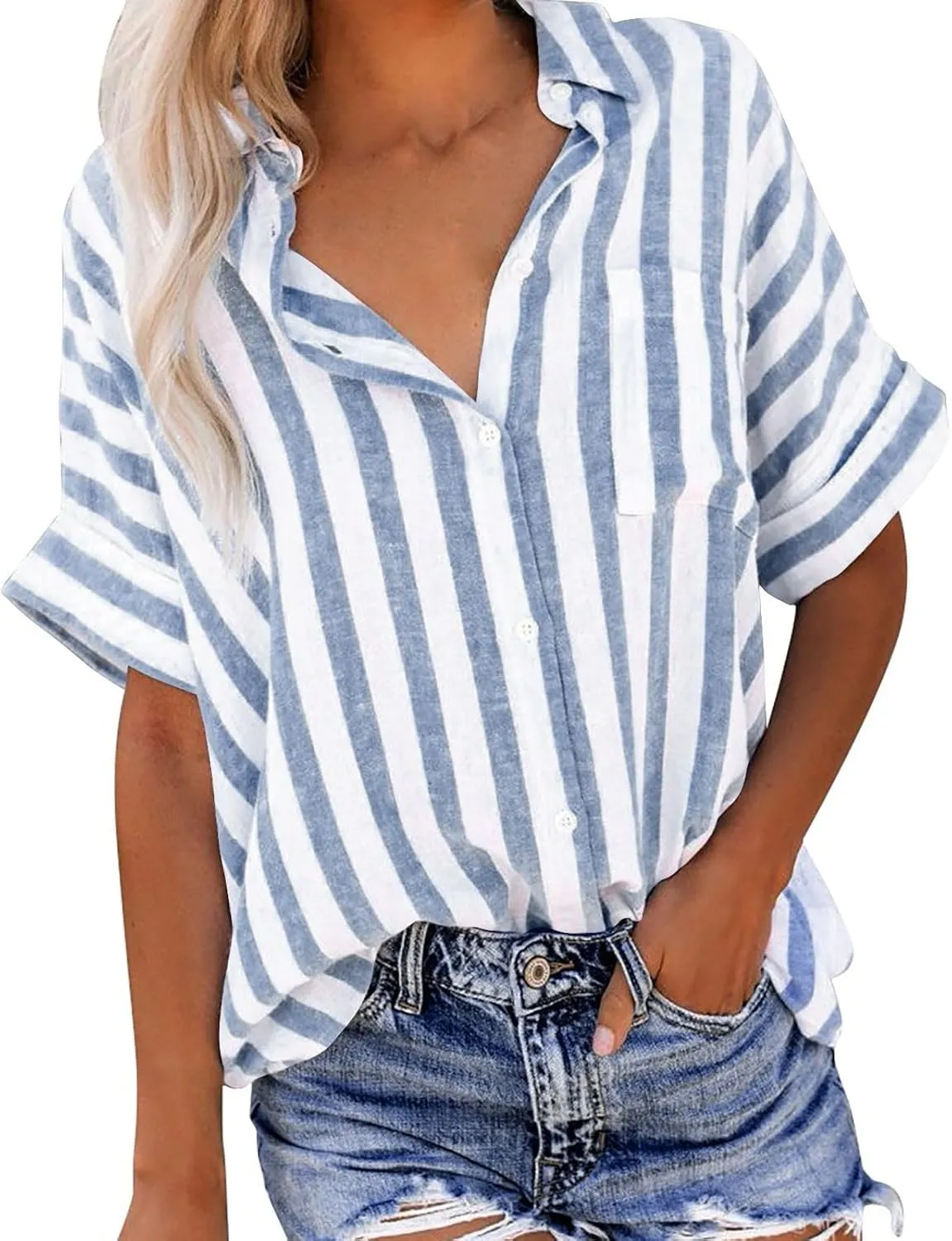 Linen Shirts for Women Striped Button Down Shirts Lightweight Guaze Blouses Short Sleeve Boho Summer Tshirt