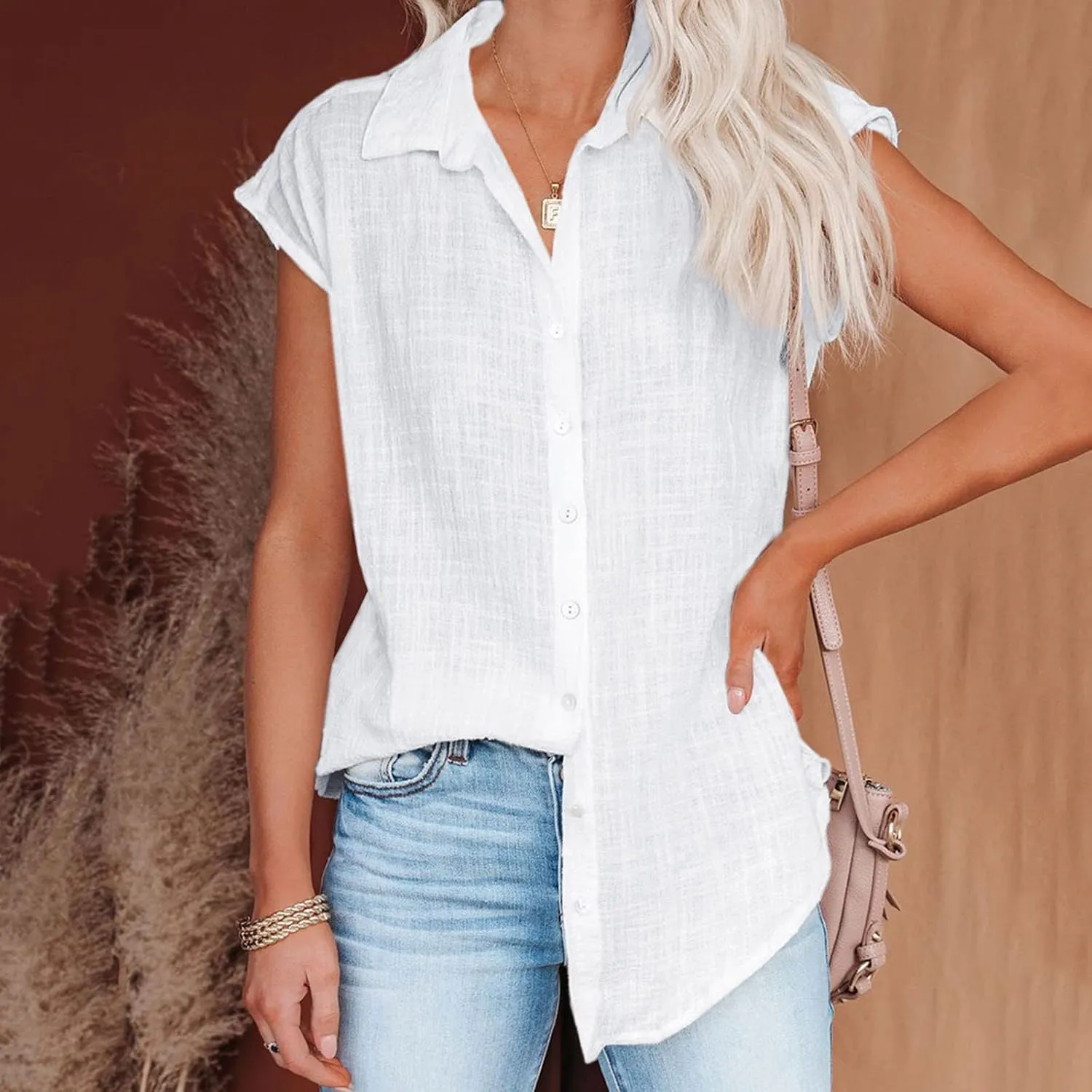 Linen Tops for Women Summer Button Down Shirts 2025 Trendy Work Shirt Tees Casual Short Sleeve Loose T-Shirts